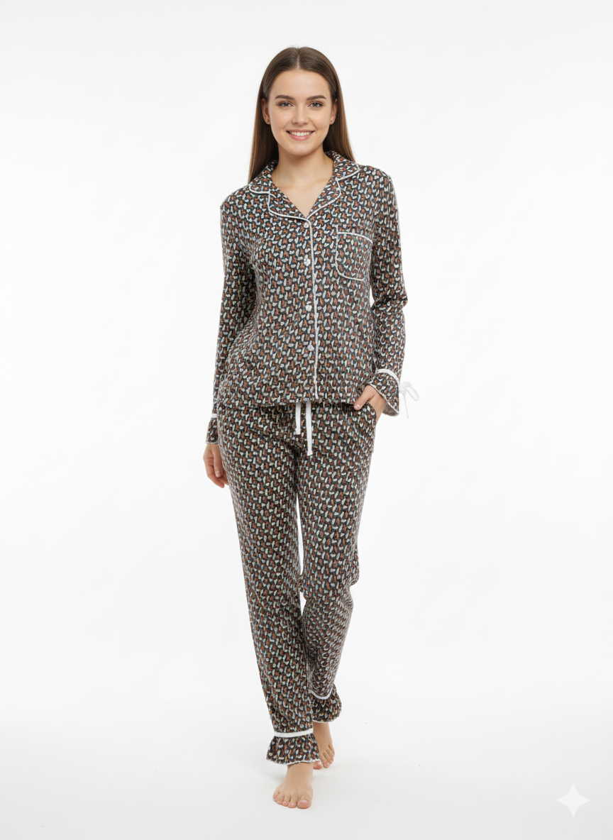 Pyjama Longue Élégant - Motif Géométrique Marron/Blanc