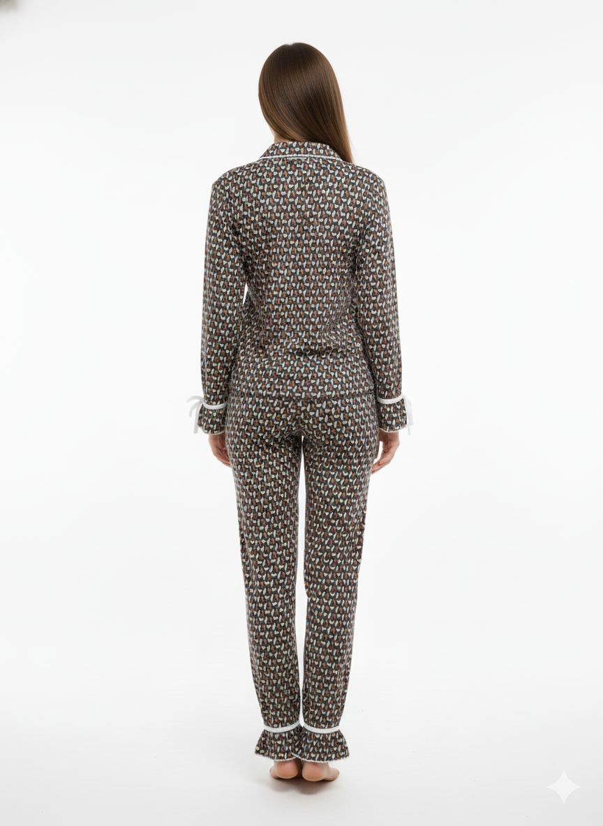 Pyjama Longue Élégant - Motif Géométrique Marron/Blanc