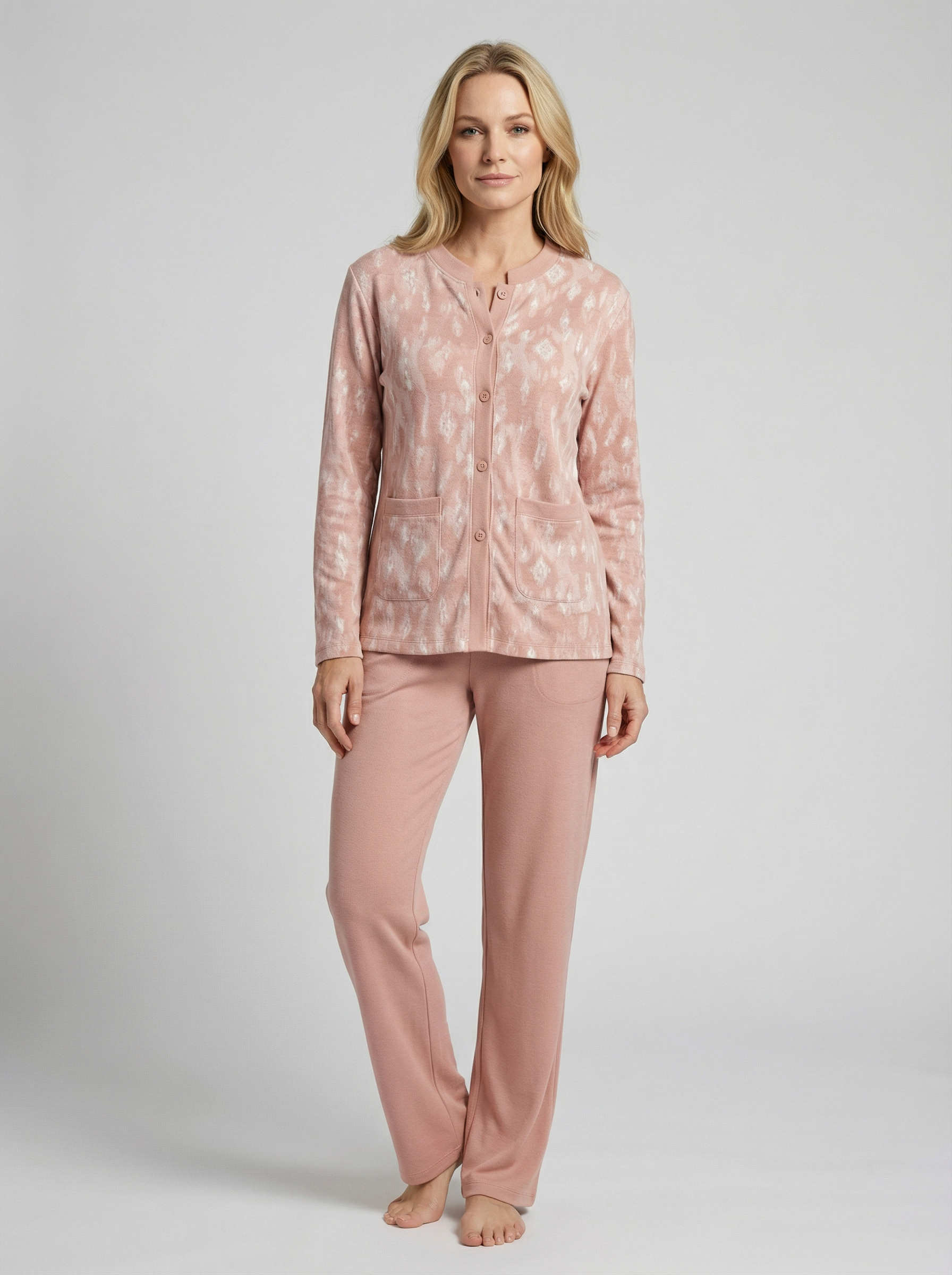 Ensemble Loungewear "Cocon Douillet" – Cardigan Imprimé et Pantalon Droit Rose Poudré