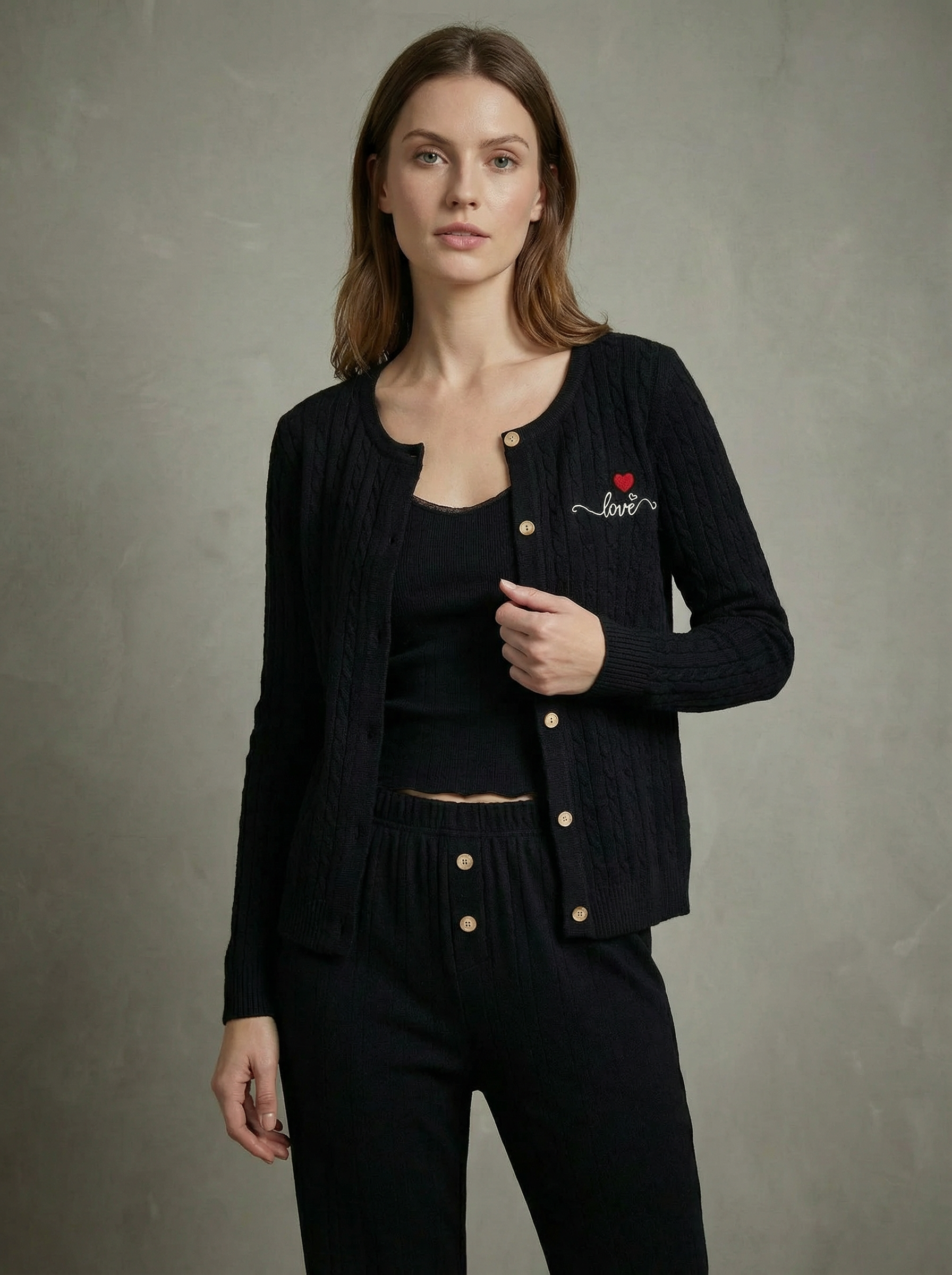 🖤 Ensemble Pyjama 3 Pièces Noir "Love" en Maille Torsadée & Côtelée