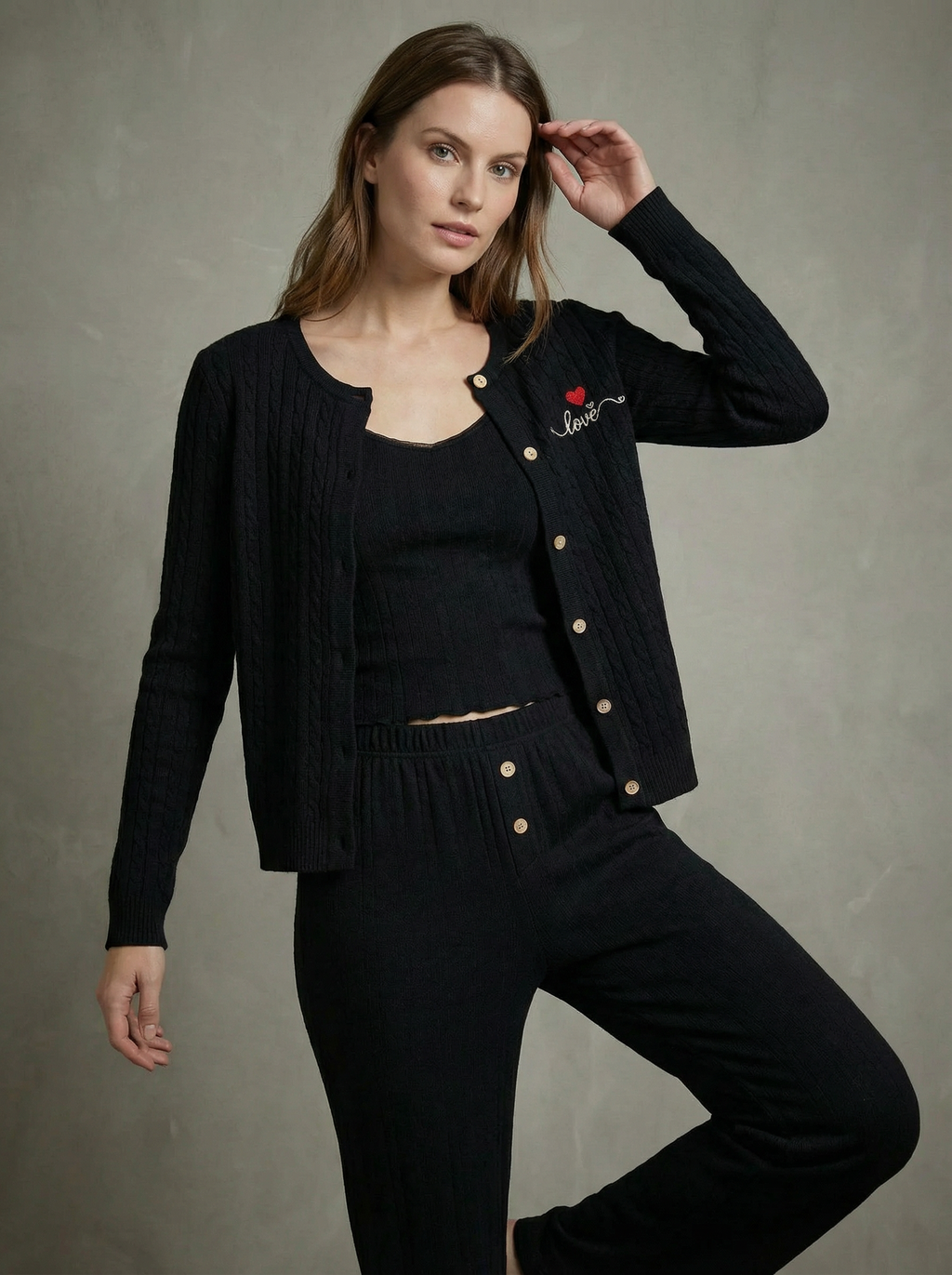 🖤 Ensemble Pyjama 3 Pièces Noir "Love" en Maille Torsadée & Côtelée