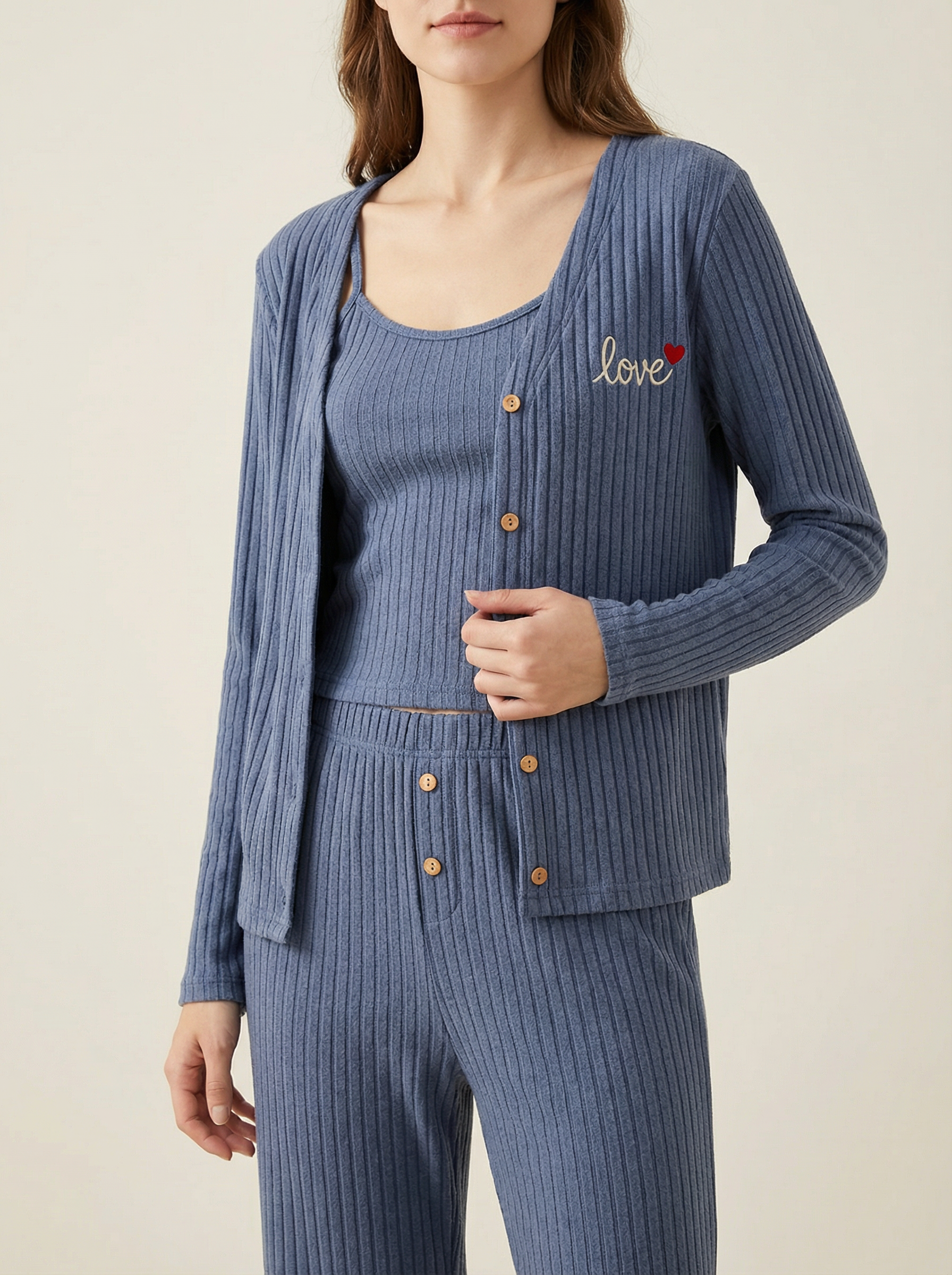 💖 Ensemble Pyjama 3 Pièces Côtelé "Love" - Bleu Canard Décontracté