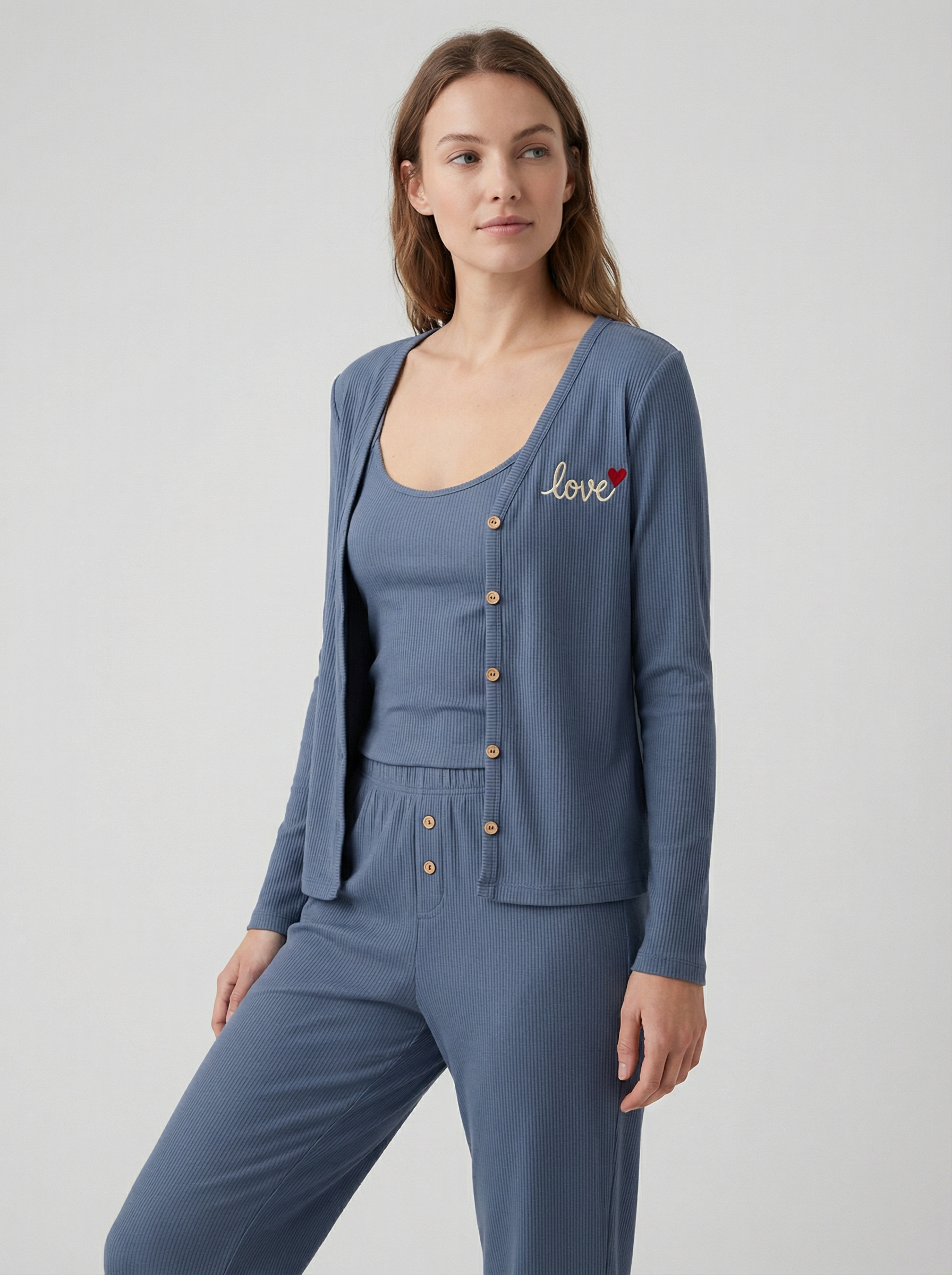 💖 Ensemble Pyjama 3 Pièces Côtelé "Love" - Bleu Canard Décontracté