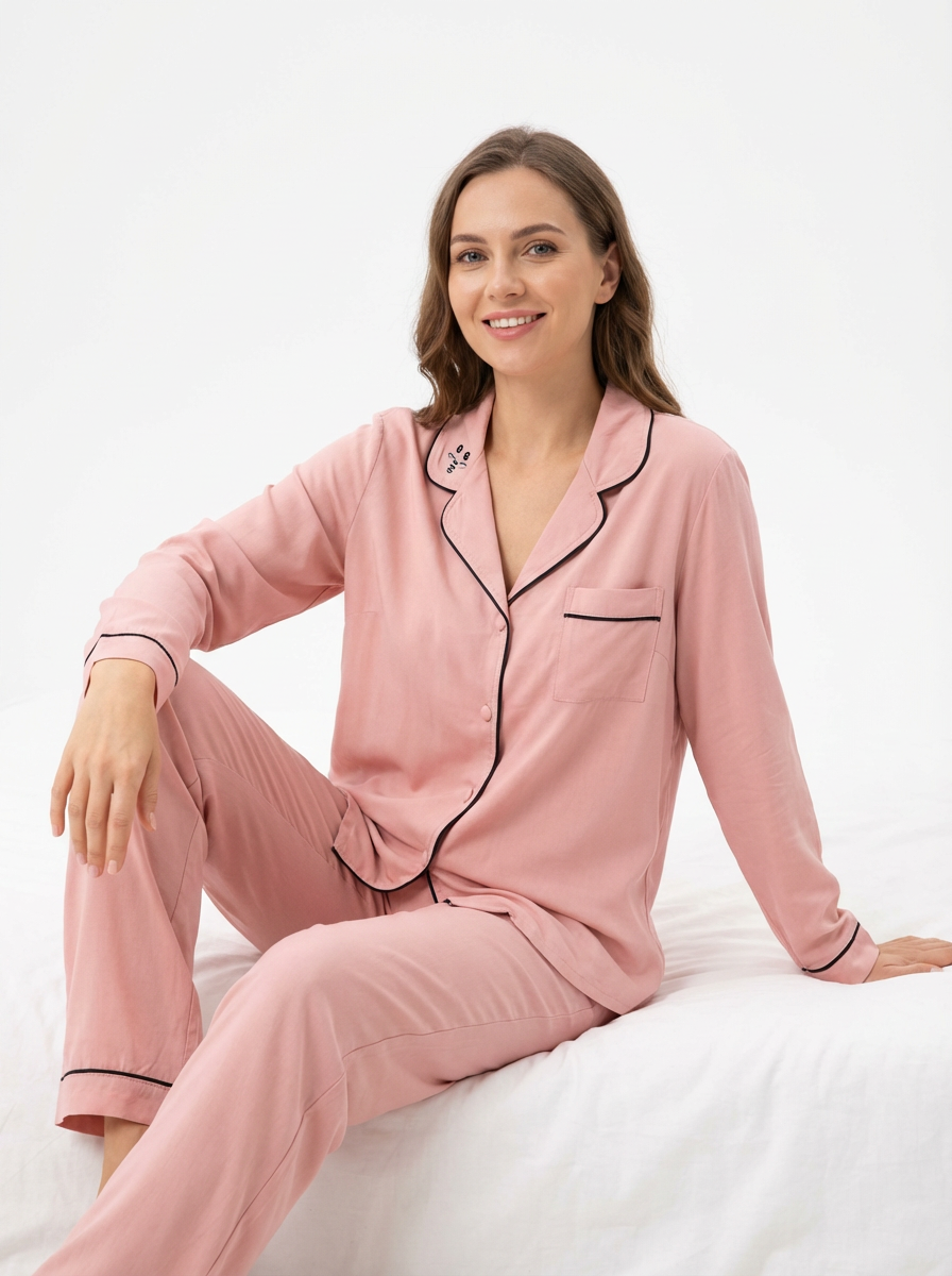 Pyjama Confortable Rose Pâle avec Broderie