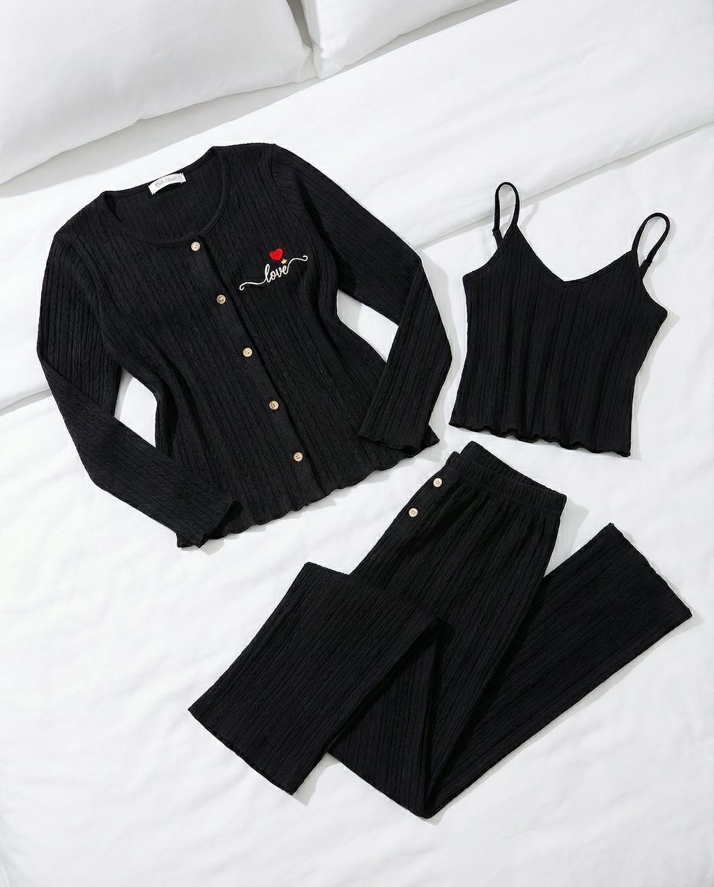🖤 Ensemble Pyjama 3 Pièces Noir "Love" en Maille Torsadée & Côtelée