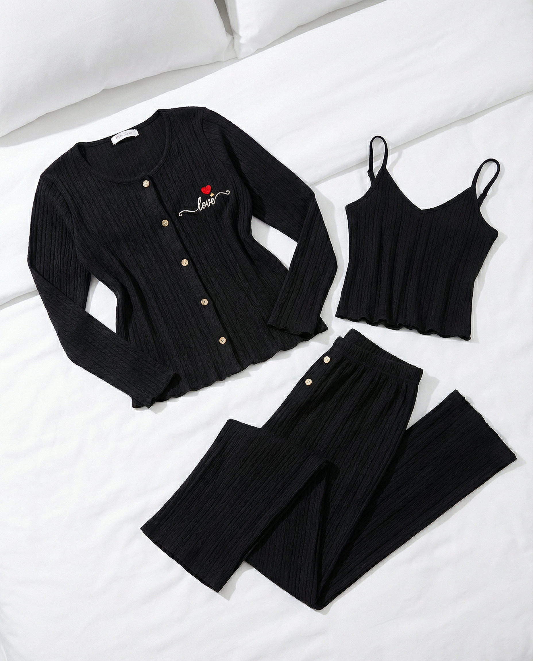 🖤 Ensemble Pyjama 3 Pièces Noir "Love" en Maille Torsadée & Côtelée