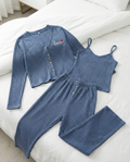 💖 Ensemble Pyjama 3 Pièces Côtelé "Love" - Bleu Canard Décontracté