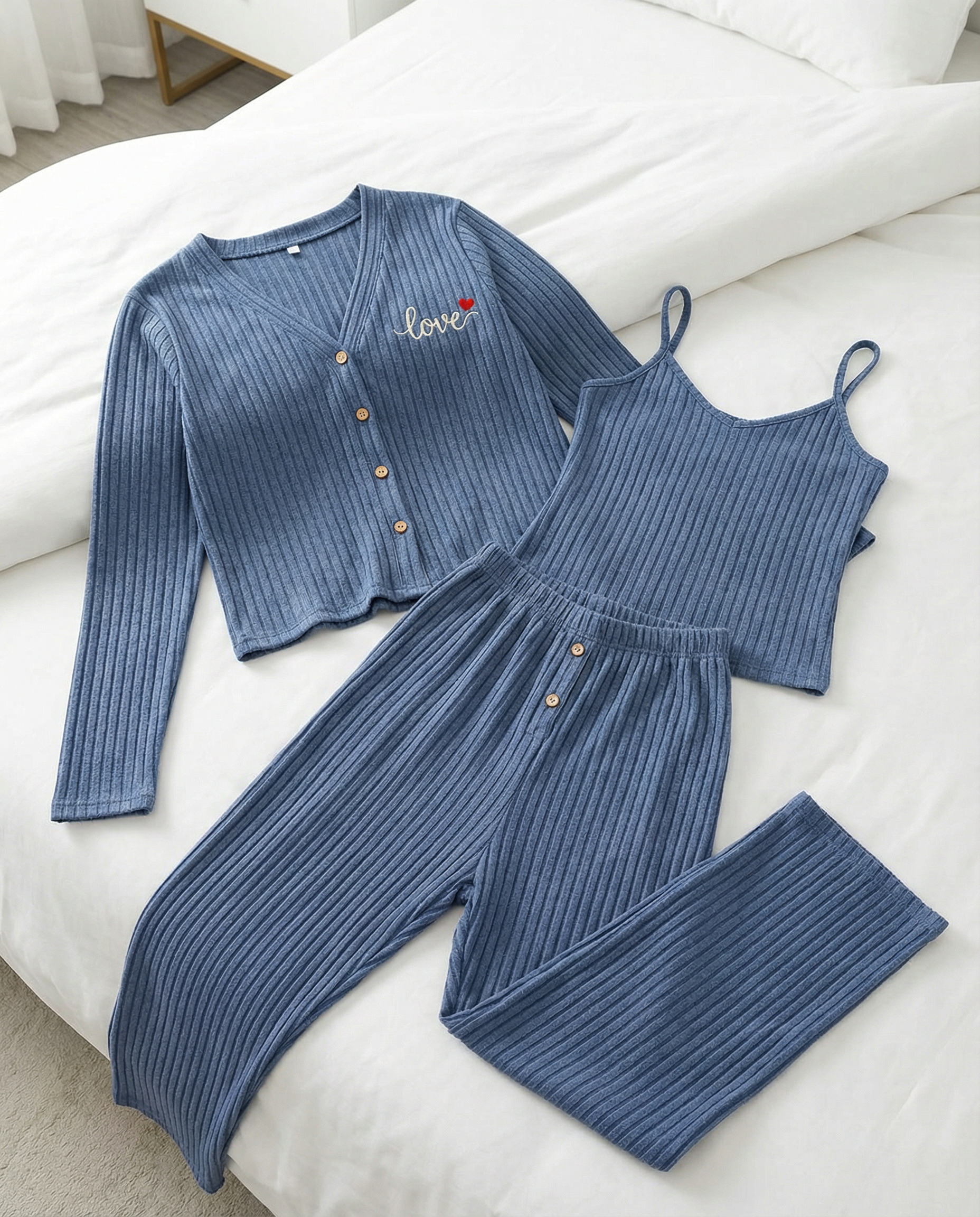 💖 Ensemble Pyjama 3 Pièces Côtelé "Love" - Bleu Canard Décontracté