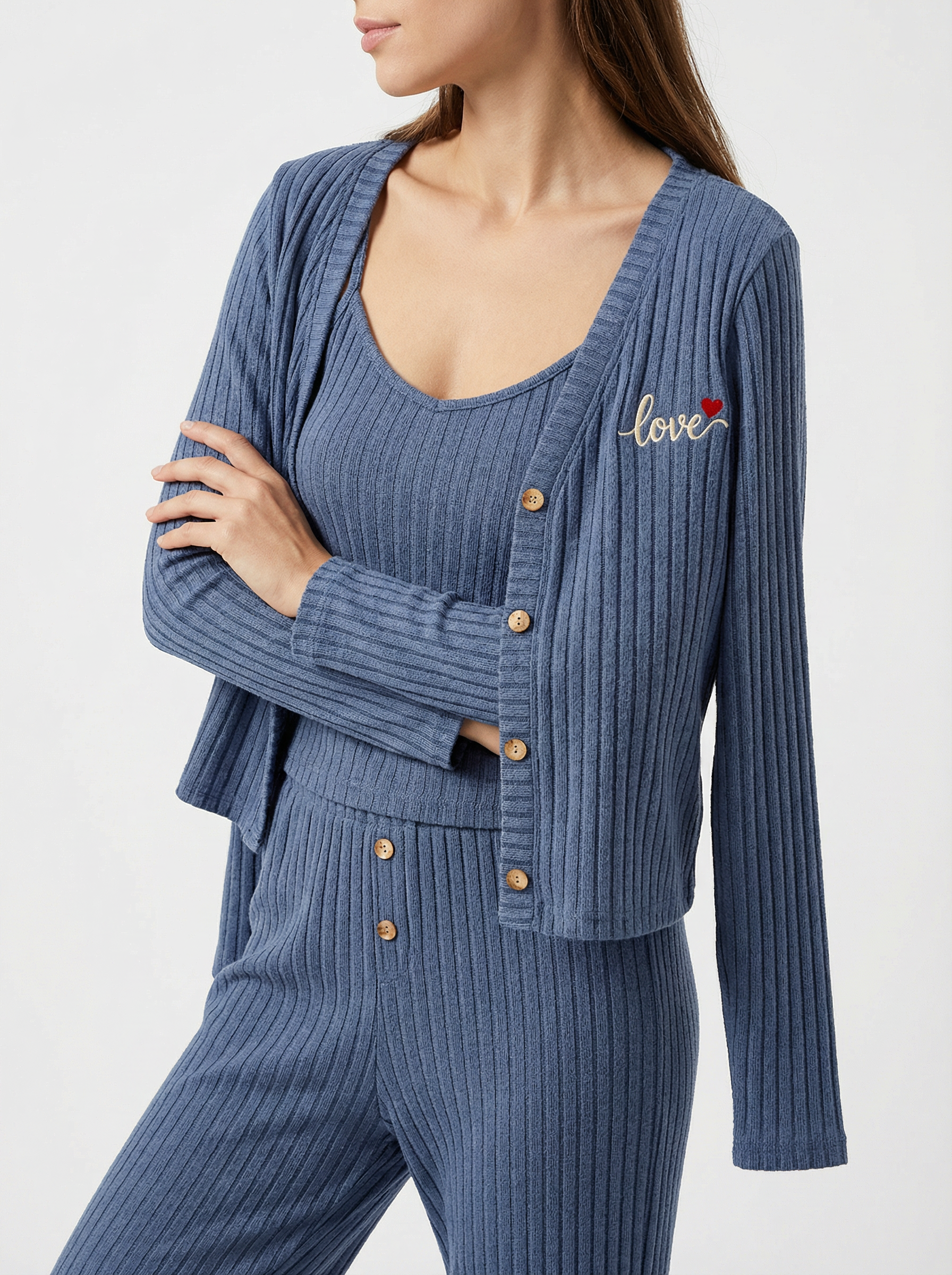 💖 Ensemble Pyjama 3 Pièces Côtelé "Love" - Bleu Canard Décontracté