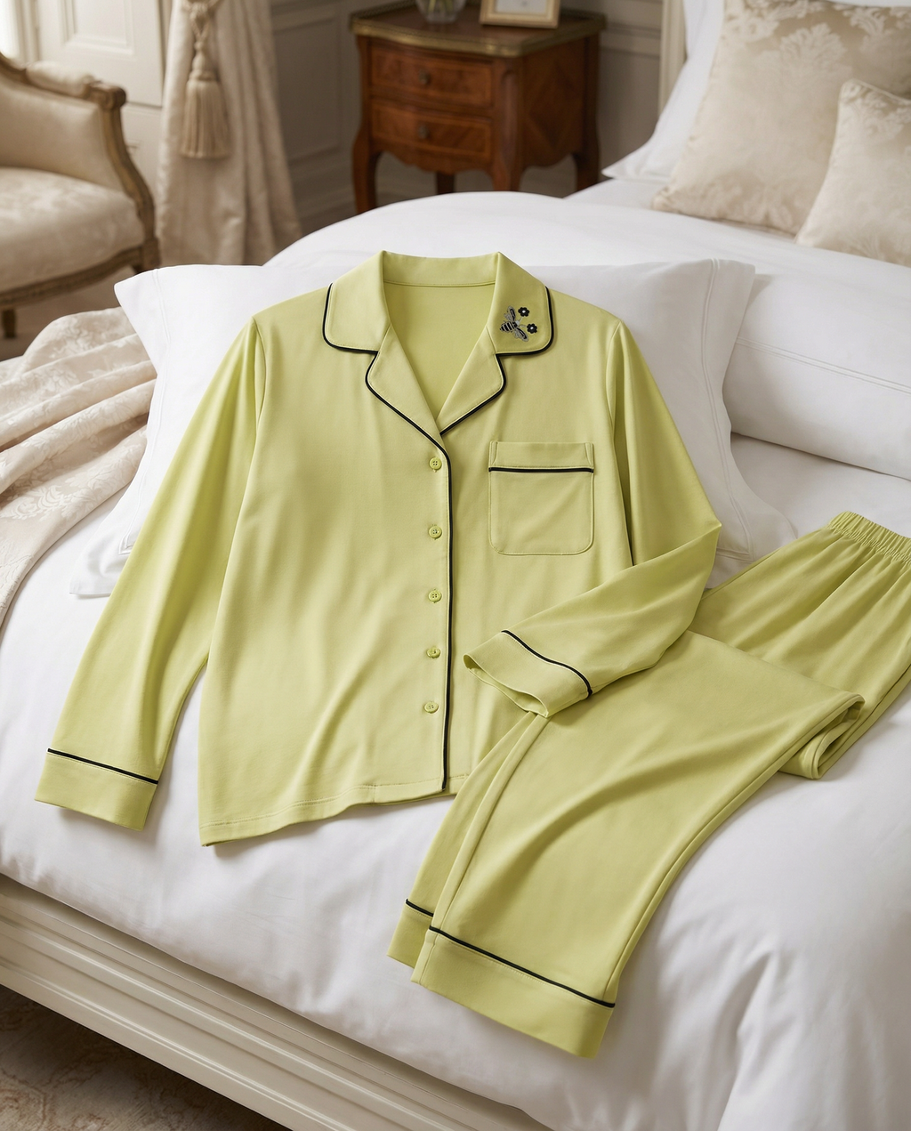 Ensemble Pyjama Classique en Vert Citron & Finitions Noires