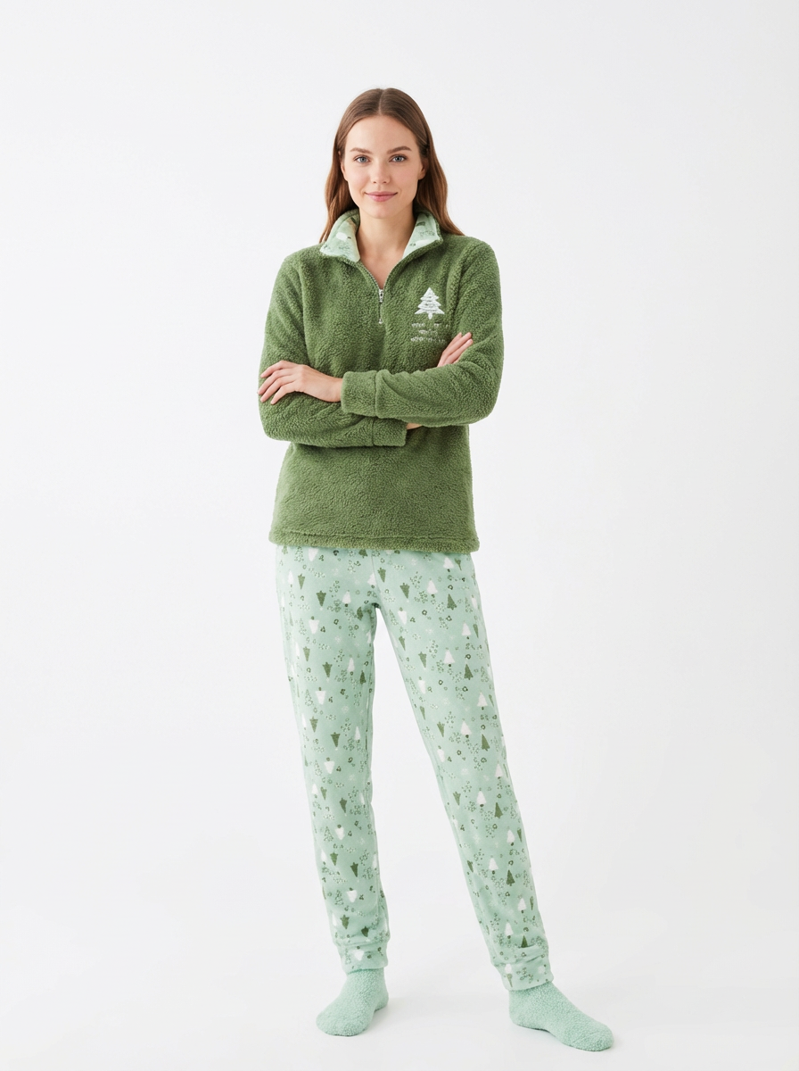 Ensemble de Pyjama Chaud et Moelleux avec Broderie Arbre de Noël