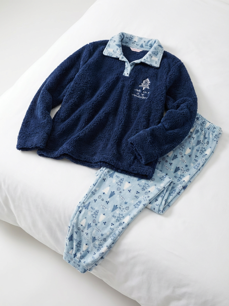 Pyjama Chaud et Moelleux avec Broderie Sapin et Design Bleu Floconné