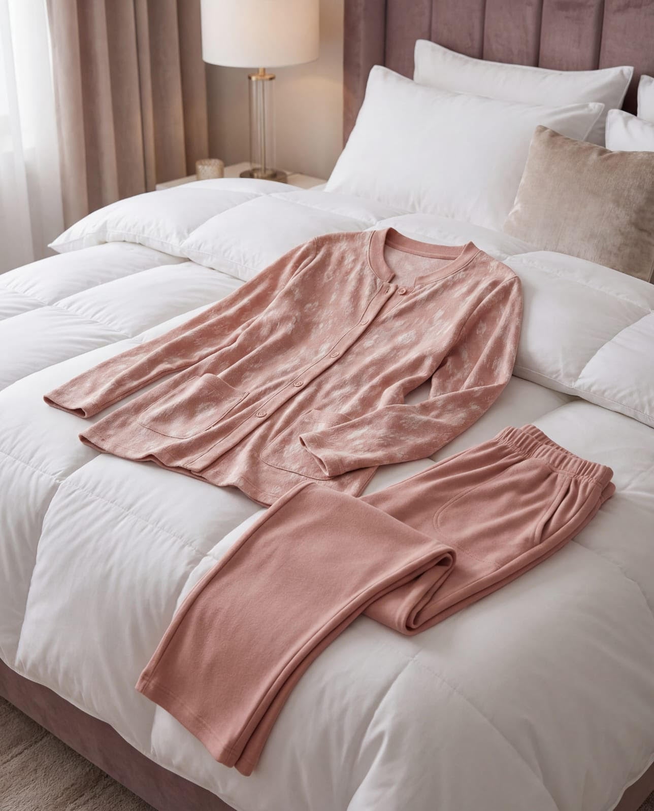 Ensemble Loungewear "Cocon Douillet" – Cardigan Imprimé et Pantalon Droit Rose Poudré